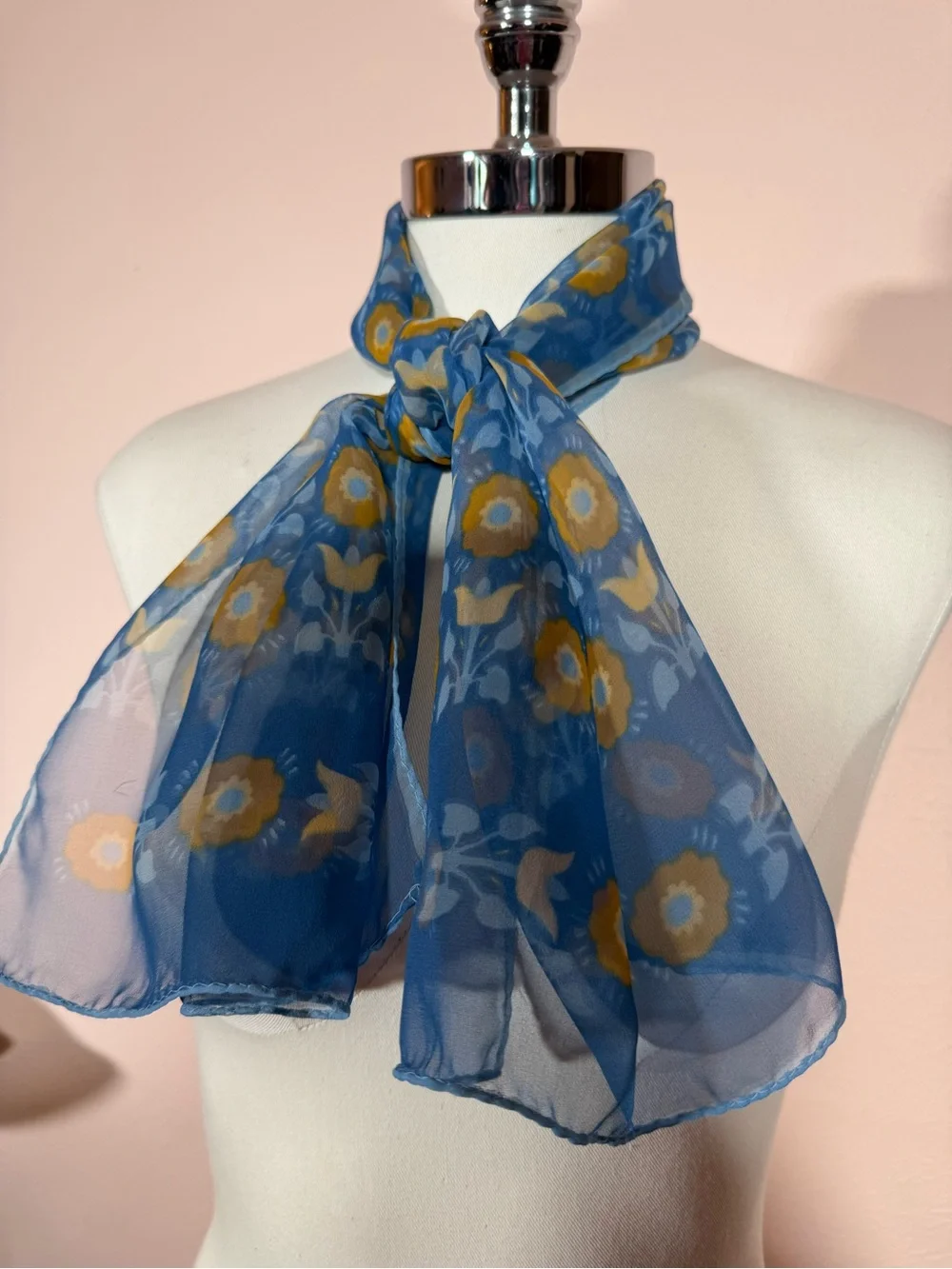 Vintage Cottagecore floral semi sheer blue tan long rectangular scarf
